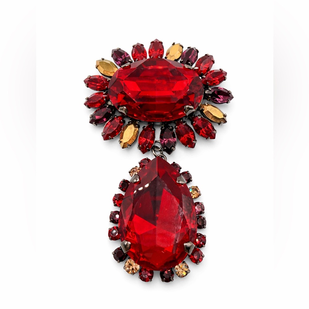 Jay Strongwater Red Rhinestone Brooch Large Statement Dangle Crystal Vintage 3in